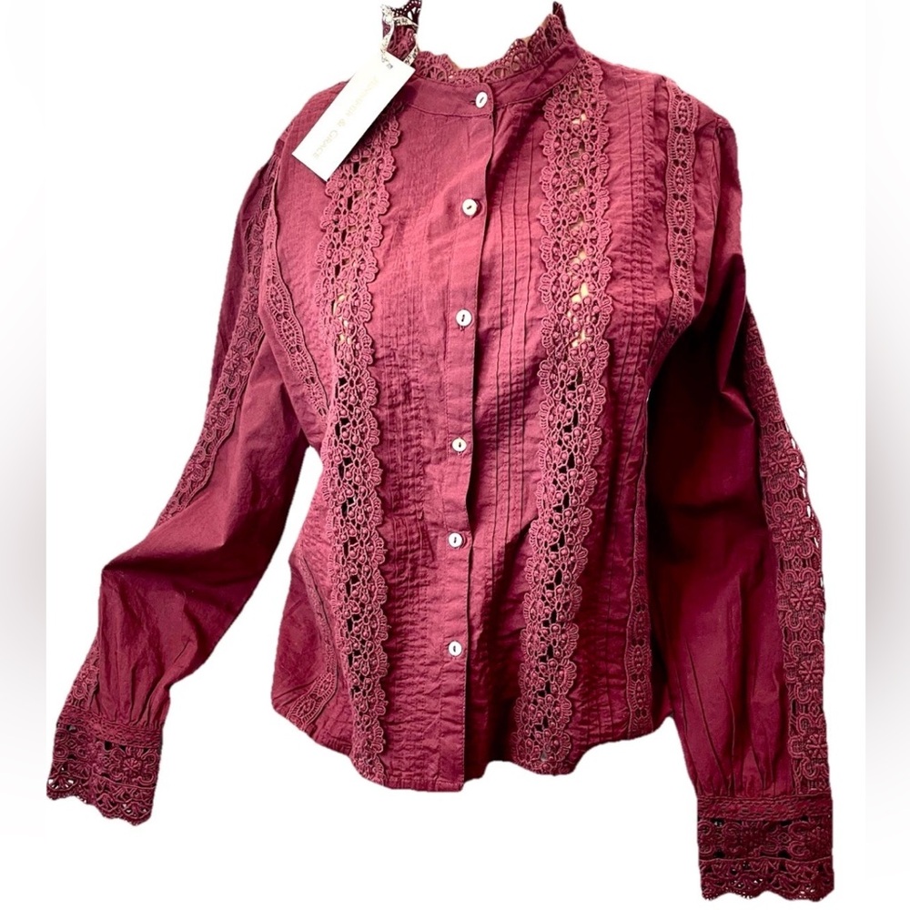Jennifer & Grace Burgundy Prairie, Goth Lace Button Down Blouse Top NWT M